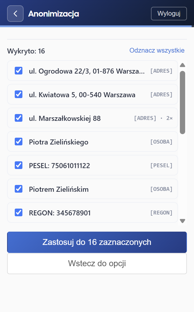 Anonimizacja - widok 2