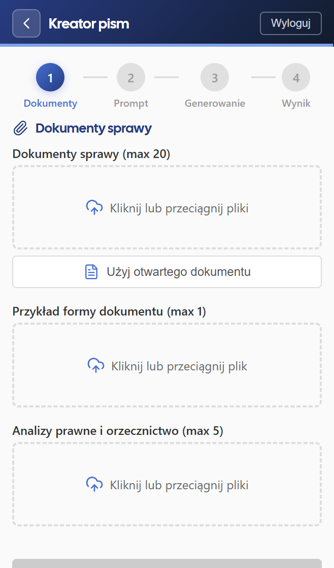 Kreator pism - widok 1