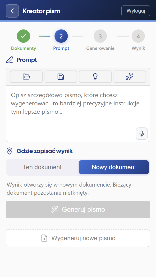 Kreator pism - widok 2