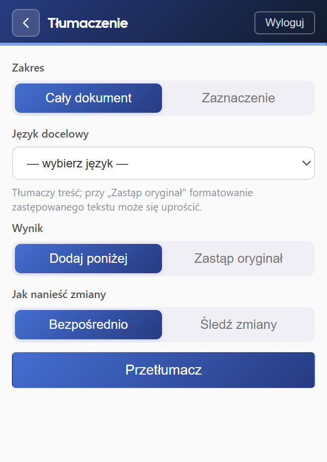 Tłumaczenie - panel dodatku w Wordzie
